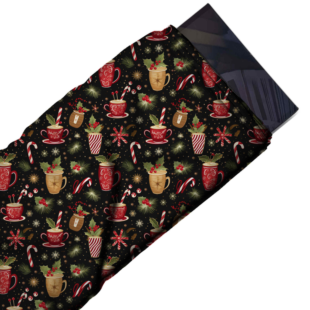 Flat fabric swatch: all-over one-way print of shaded red scroll-patterned mugs, design Design No_4713, Clothwala