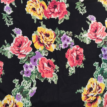 Black & Red Large Floral Roses Print Fabric — design 442HSG9/DS-542, Clothwala