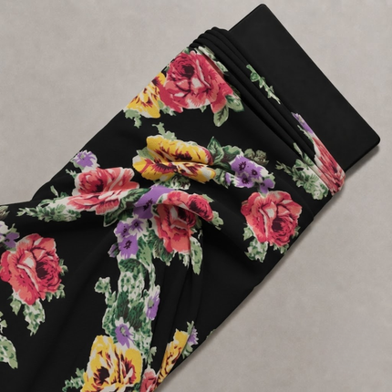 Black & Red Large Floral Roses Print Fabric — design 442HSG9/DS-542, Clothwala