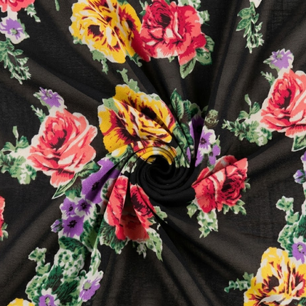 Black & Red Large Floral Roses Print Fabric — design 442HSG9/DS-542, Clothwala
