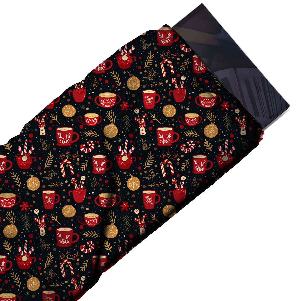 Flat fabric swatch: all-over print of red mugs and cups with white sprig and snowflake, design Design No_4707, Clothwala
