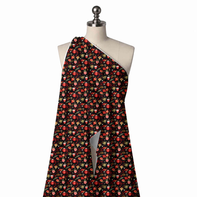 Draped on a mannequin: dense all-over print of small red mugs with white zigzag bands, design Design No_4691, Clothwala