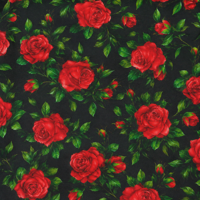 Black & Red Red Roses Print Fabric — design 10748G0-SBGP/DS-498, Clothwala