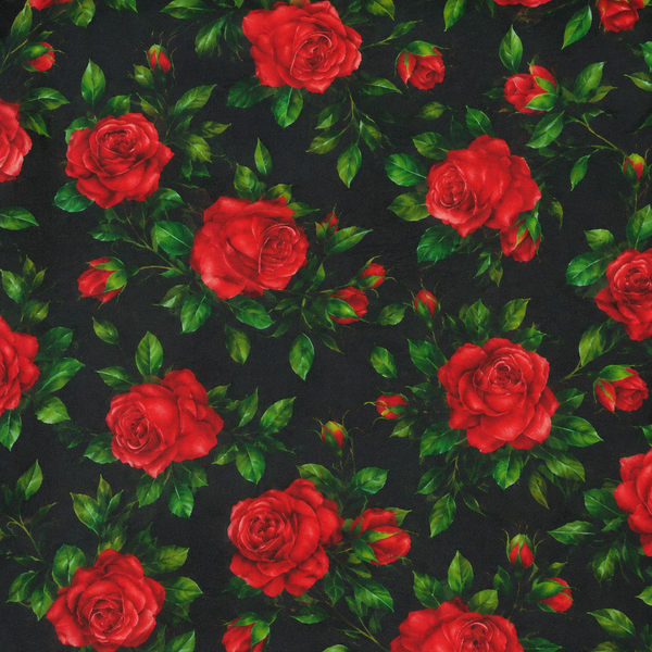 Black & Red Red Roses Print Fabric