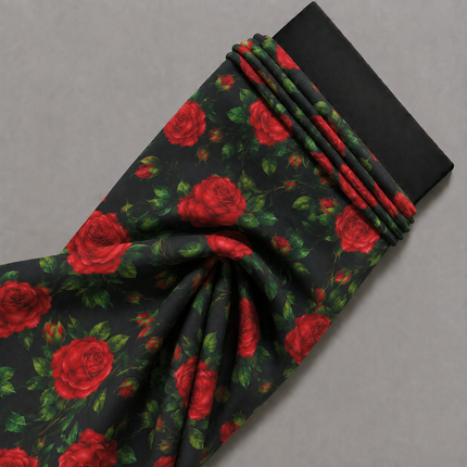 Black & Red Red Roses Print Fabric — design 10748G0-SBGP/DS-498, Clothwala