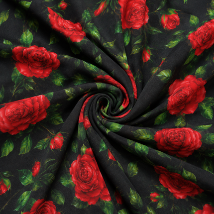 Black & Red Red Roses Print Fabric — design 10748G0-SBGP/DS-498, Clothwala
