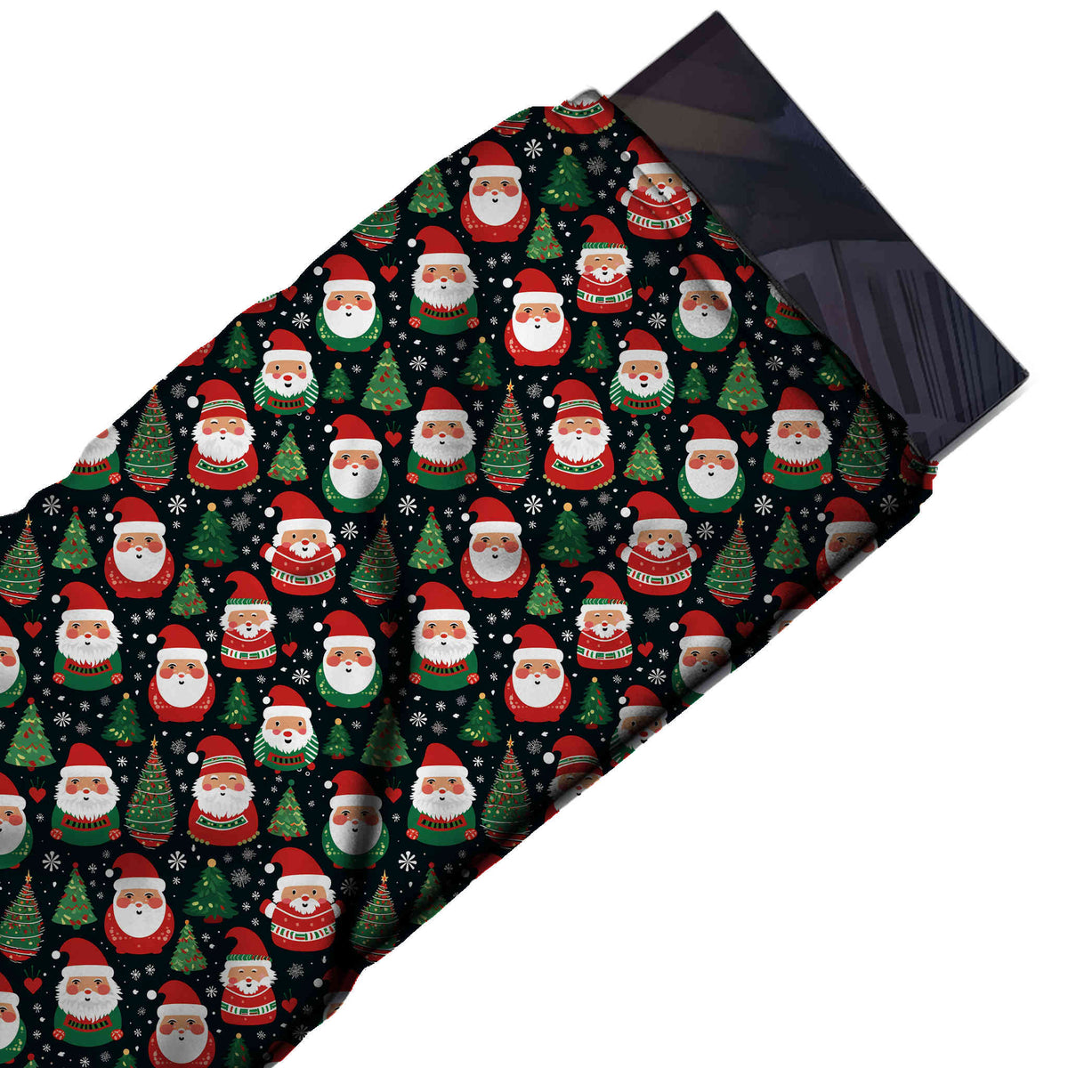 Flat fabric swatch: dense all-over one-way layout of small round-bodied cartoon Santas in, design Design No_4535, Clothwala