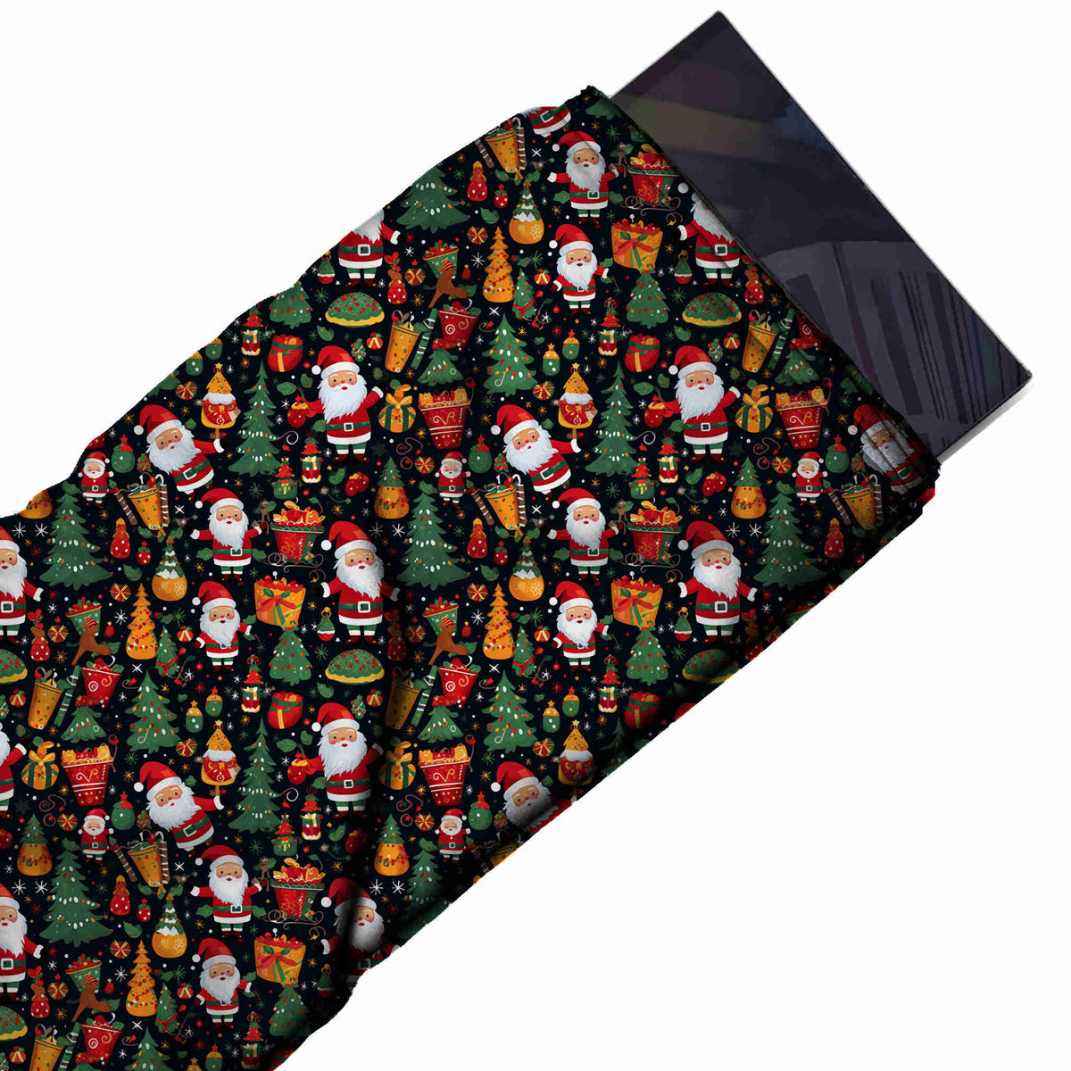 Flat fabric swatch: densely packed one-way layout of cartoon Santas in red with green, design Design No_4765, Clothwala