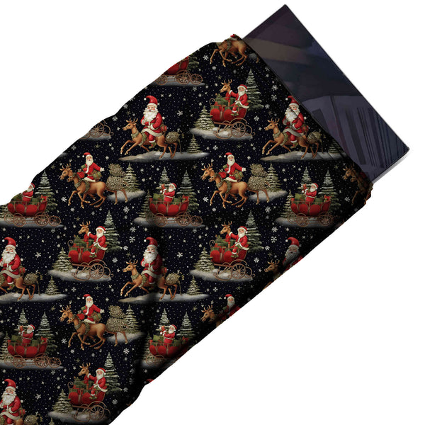 Black & Red Santa Riding Reindeer Printed Printed American Crepe Fabric Fabric