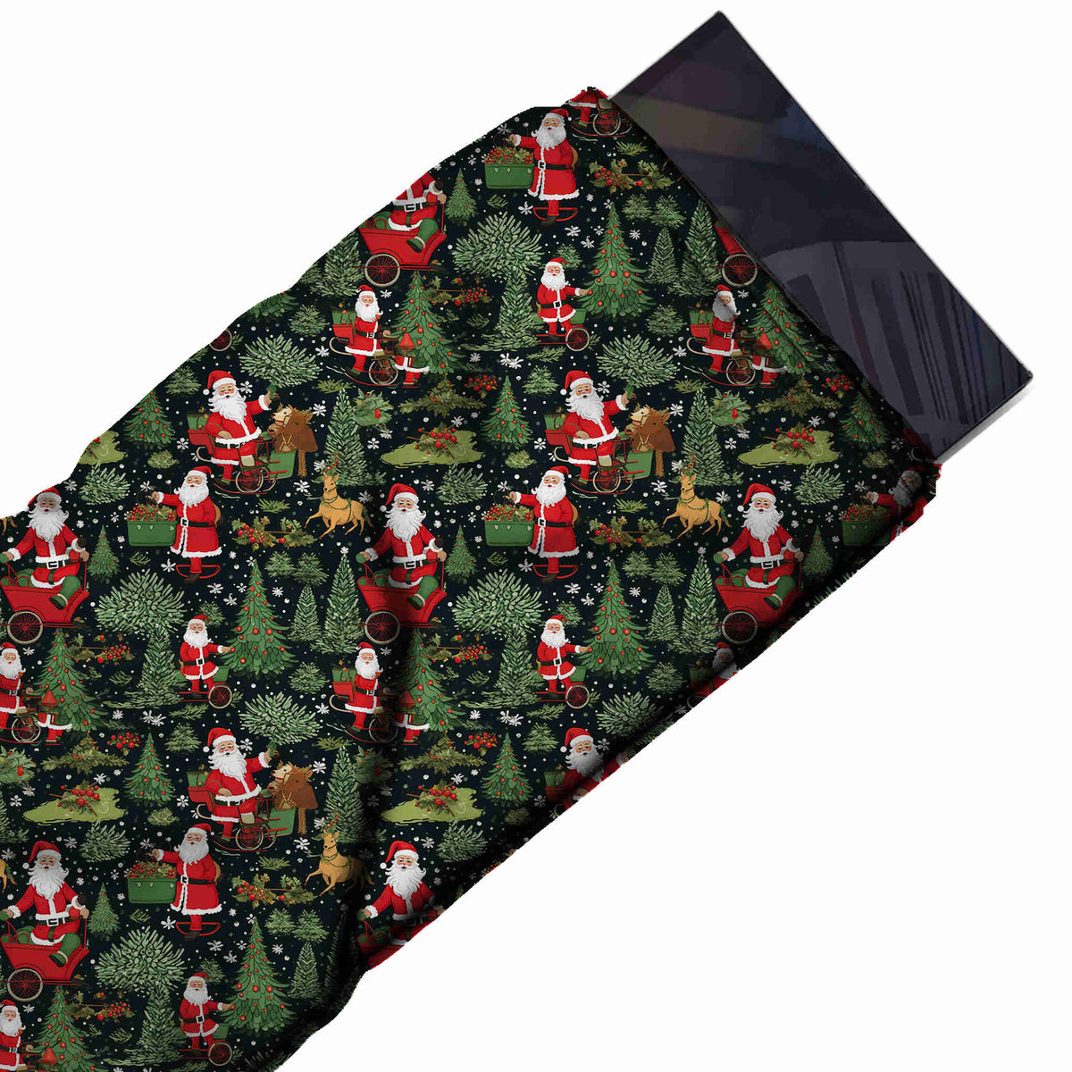 Flat fabric swatch: dense all-over one-way print of detailed Santas standing and riding, design Design No_4802, Clothwala