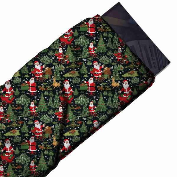 Black & Red Santa Sleigh & Reindeer Printed Printed American Crepe Fabric Fabric