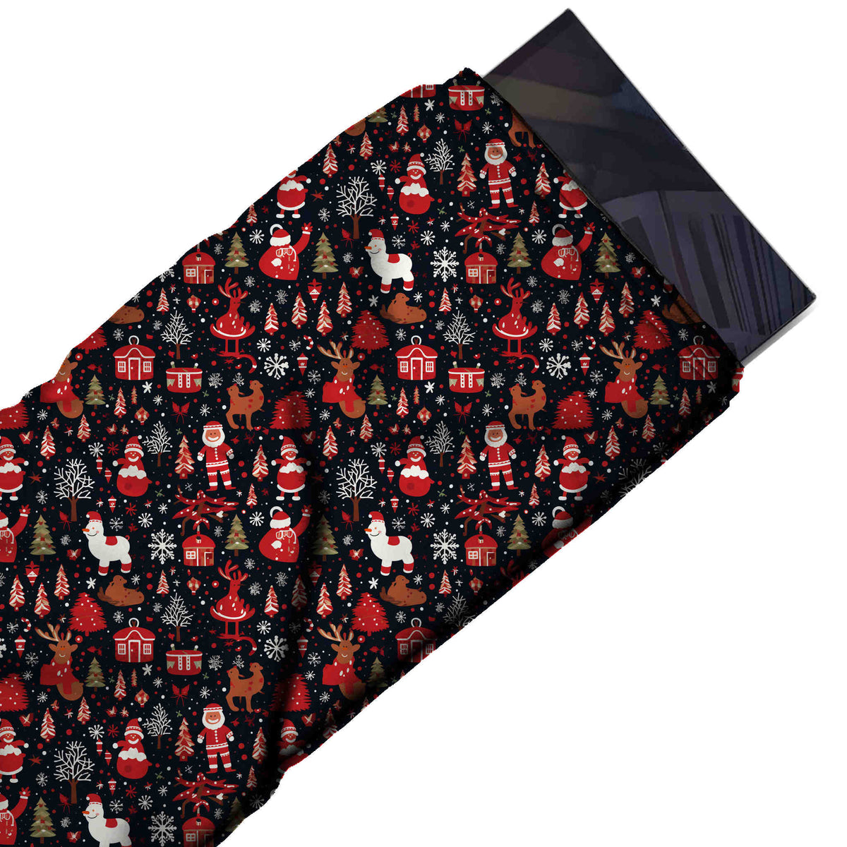 Flat fabric swatch: dense all-over Christmas print of red Santas and snowmen, design Design No_4638, Clothwala
