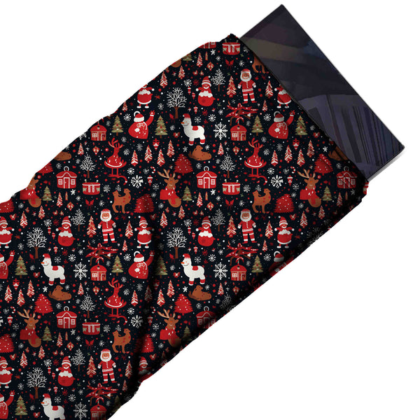 Black & Red Santa & White Llama Printed Pure Natural Crepe Fabric