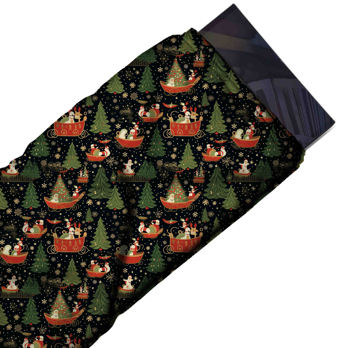 Flat fabric swatch: one-way all-over layout of red sleighs loaded with cream snowmen, design Design No_4752, Clothwala