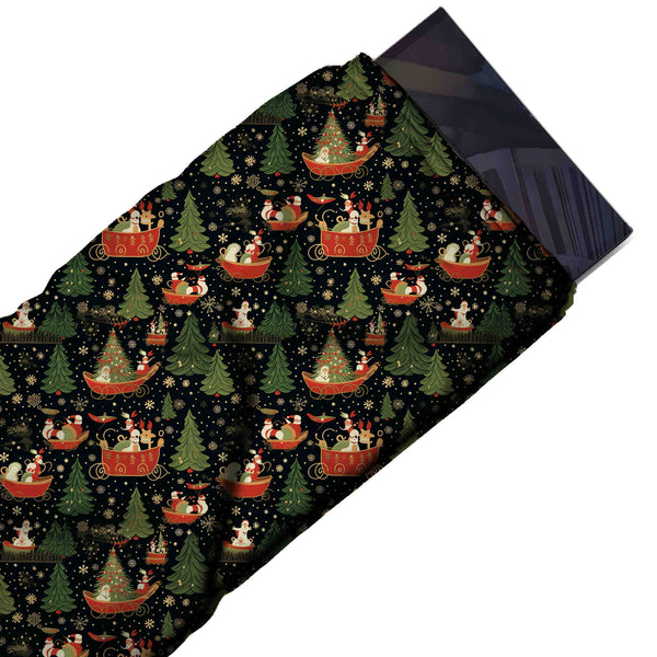 Black & Red Sleighs & Firs Printed Printed American Crepe Fabric Fabric