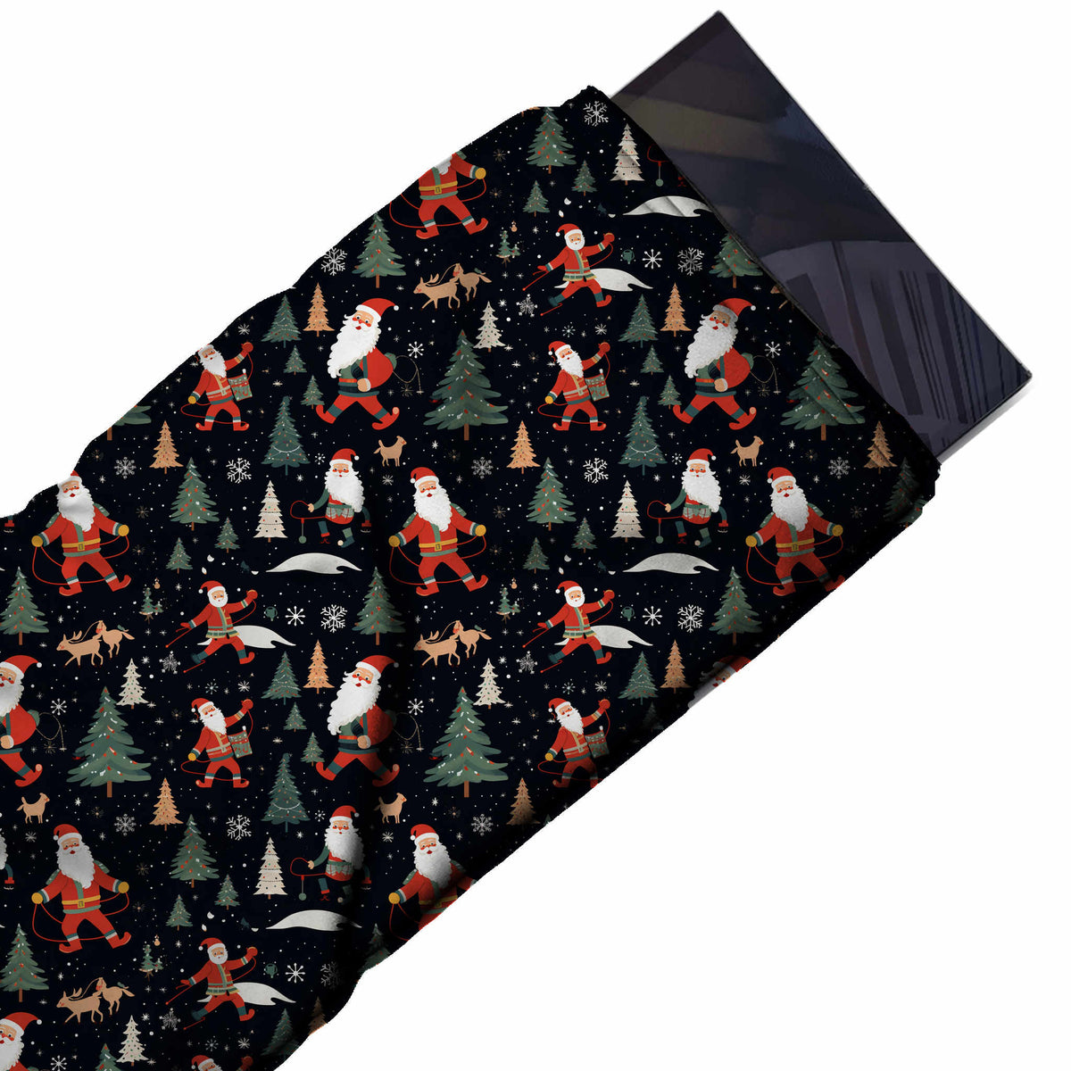 Flat fabric swatch: spaced all-over one-way print of red Santas walking and running, design Design No_4815, Clothwala