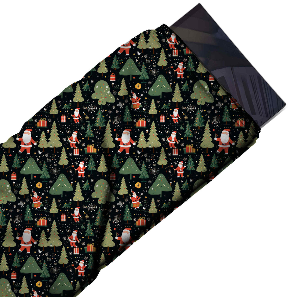 Flat fabric swatch: all-over one-way festive print of red Santas, design Design No_4799, Clothwala