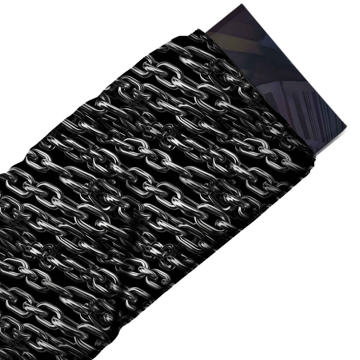 Flat fabric swatch: dense all-over print of photorealistic polished silver chains running diagonally, design 3685, Clothwala