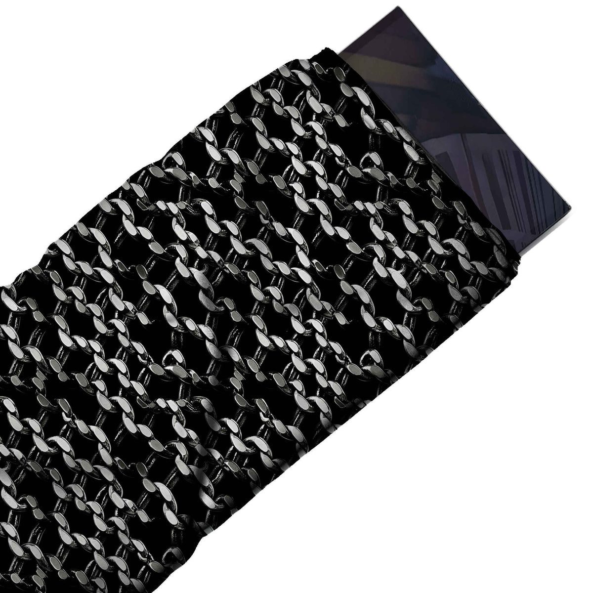 Flat fabric swatch: all-over lattice of fine twisted silver-white curb chains running in zigzag, design 3689, Clothwala