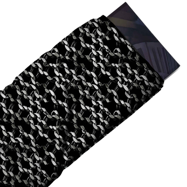 Black & Silver White Curb Chain Lattice Printed Armani Satin Fabric