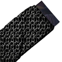 Flat fabric swatch: regular all-over grid of small photorealistic steel oval links joined by short, design 3688, Clothwala