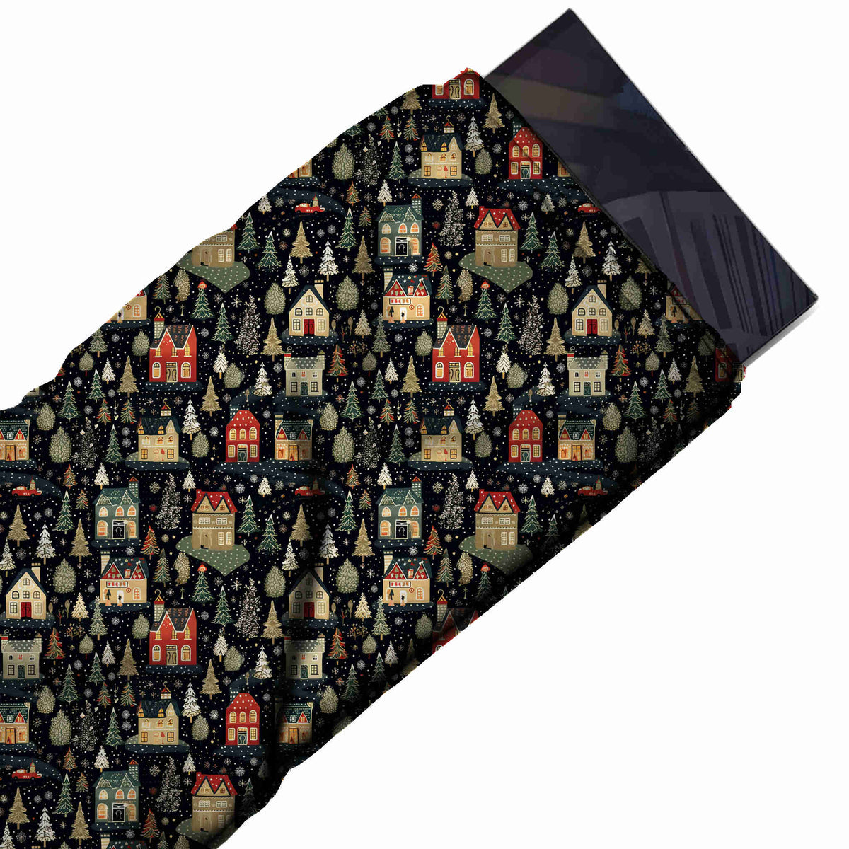 Flat fabric swatch: dense one-way all-over print of small folk-style houses in tan, cream, design Design No_4653, Clothwala