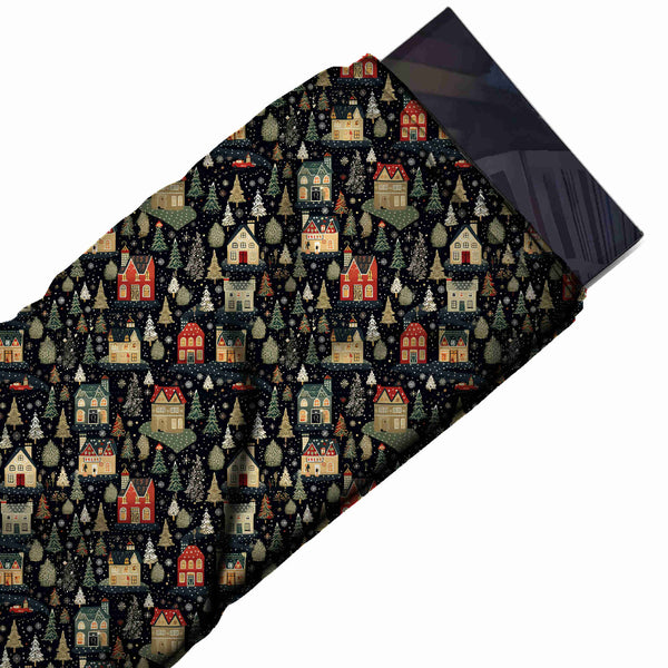 Black & Tan Folk Houses On Black Printed Pure Natural Crepe Fabric