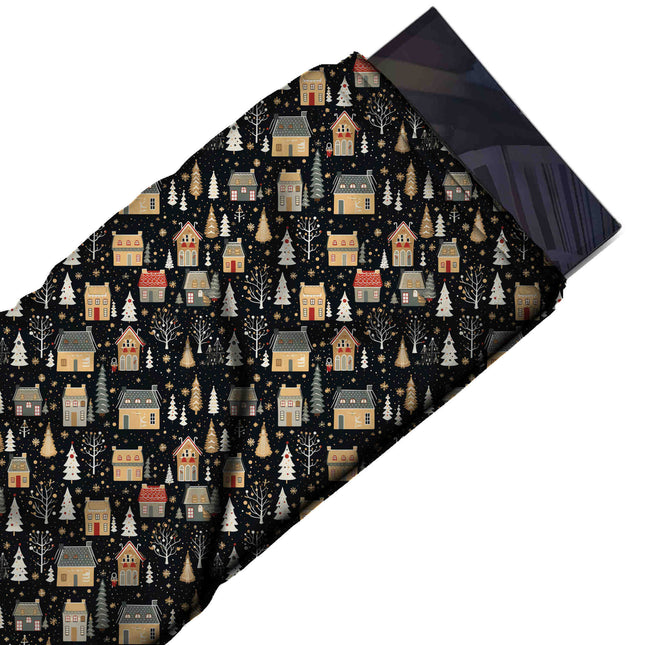 Flat fabric swatch: one-way all-over print of small tan and grey houses, design Design No_4663, Clothwala