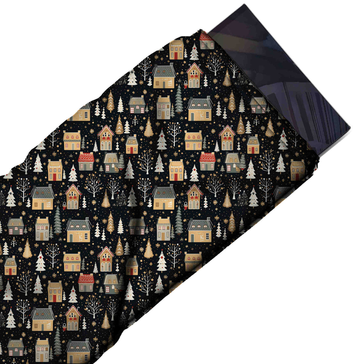 Flat fabric swatch: one-way all-over print of small tan and grey houses, design Design No_4663, Clothwala