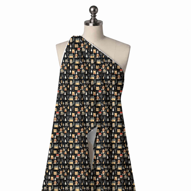Draped on a mannequin: one-way all-over print of small tan and grey houses, design Design No_4663, Clothwala