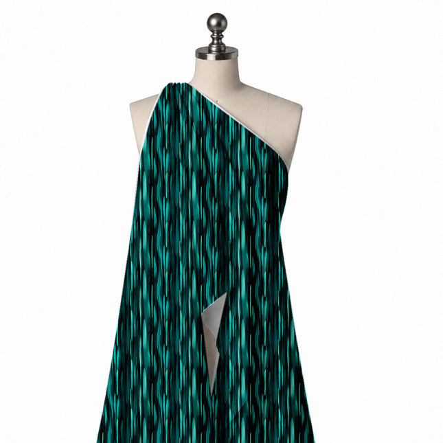Draped on a mannequin: dense vertical layout of narrow tapered streaks in teal and, design Design No_3954, Clothwala