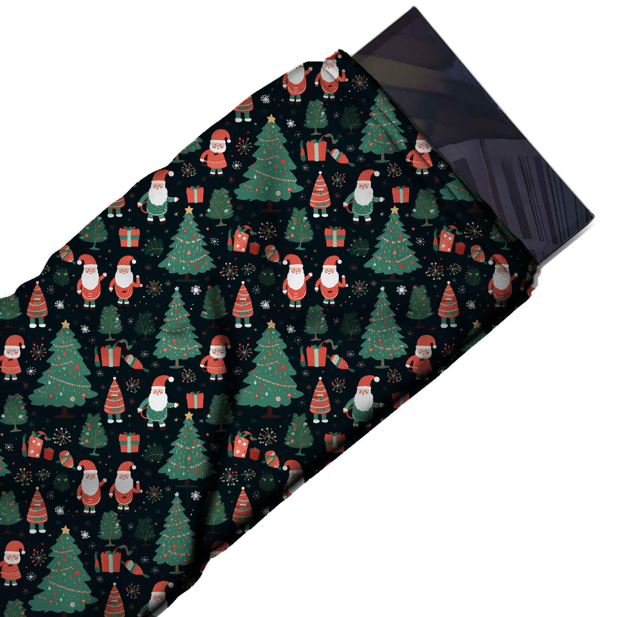 Flat fabric swatch: all-over one-way festive print of coral red Santas, design Design No_4806, Clothwala