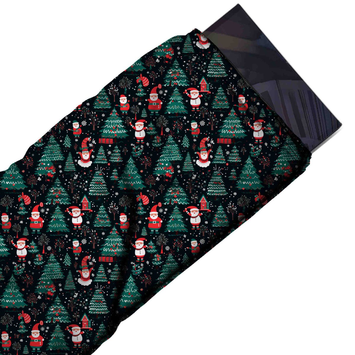 Flat fabric swatch: all-over one-way festive print of teal green fir trees drawn with, design Design No_4803, Clothwala