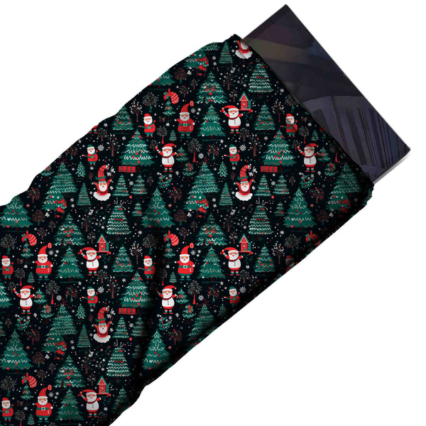 Black & Teal Green Gnomes & Teal Firs Printed Printed American Crepe Fabric Fabric
