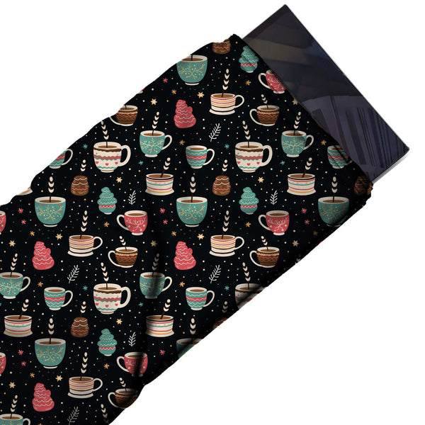 Black & Teal Green Steaming Teal Cups Printed Printed American Crepe Fabric Fabric