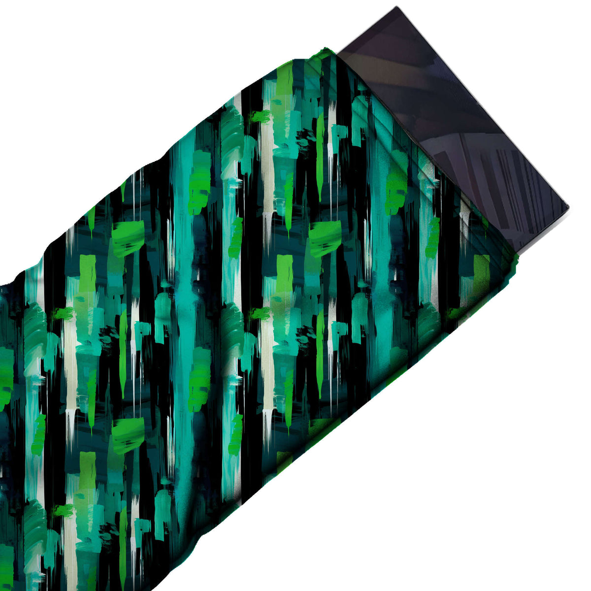 Flat fabric swatch: dense vertical layout of short and long brush daubs in teal, design Design No_3962, Clothwala
