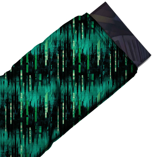 Flat fabric swatch: dark all-over layout with horizontal rows of smudged teal brush marks, design Design No_3959, Clothwala
