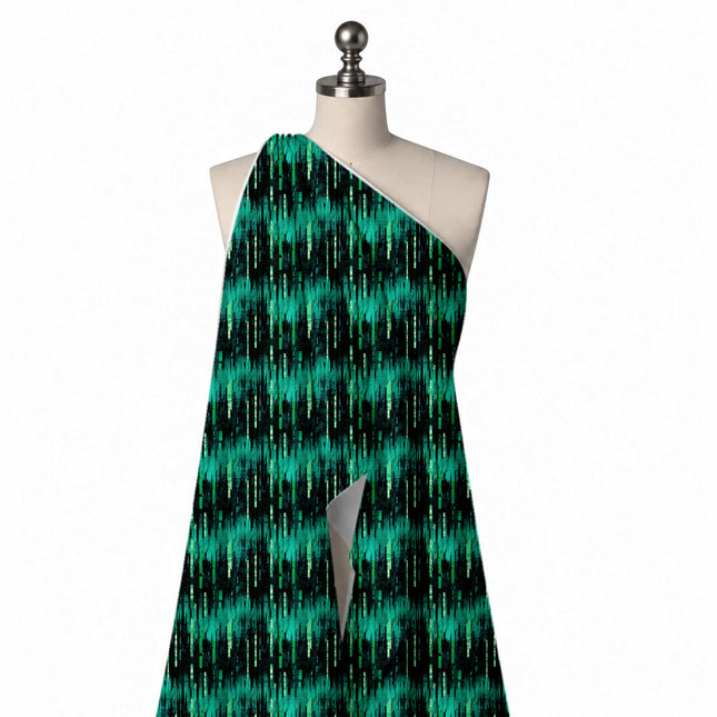 Draped on a mannequin: dark all-over layout with horizontal rows of smudged teal brush, design Design No_3959, Clothwala