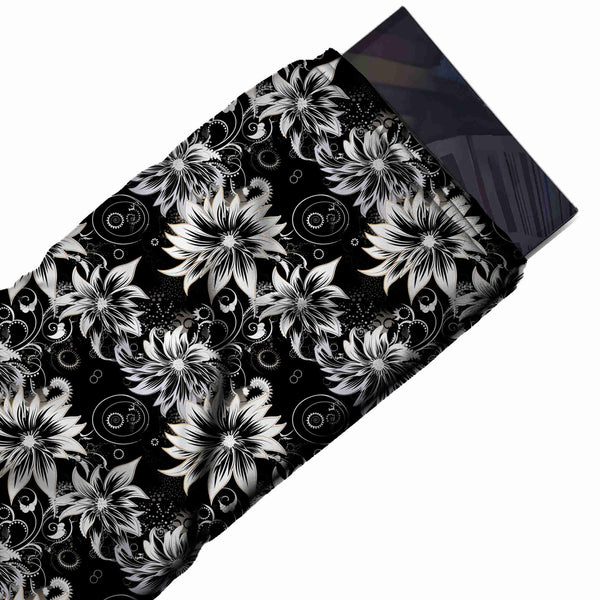 Black & White Blooms & Ring Scrolls Printed Pure Natural Crepe Fabric