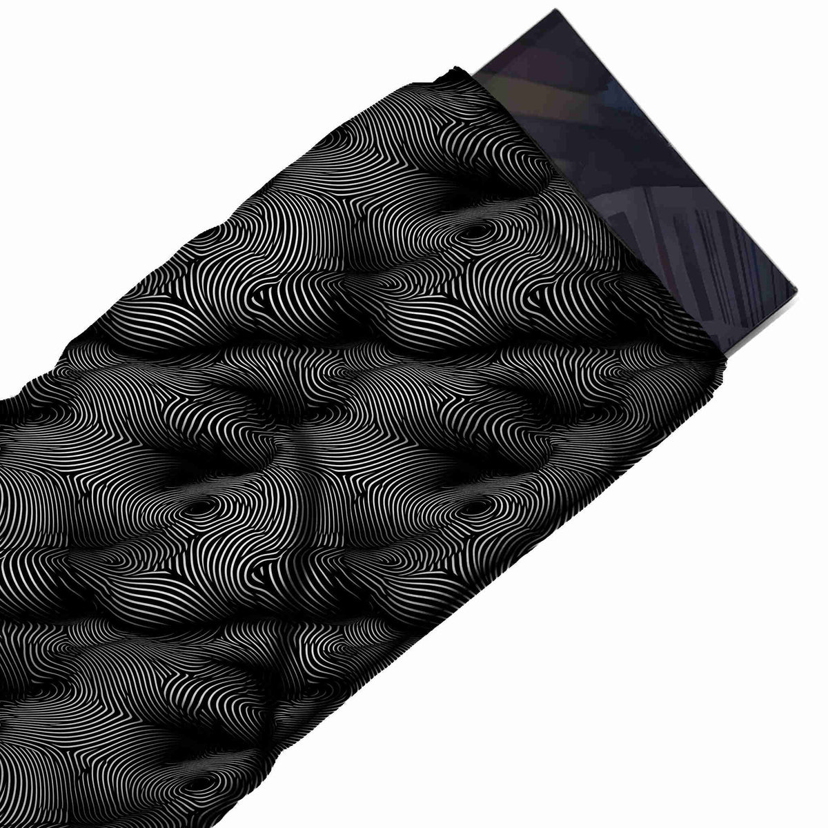 Flat fabric swatch: all-over layout of fine white flowing contour lines on black, design Design No_4123, Clothwala
