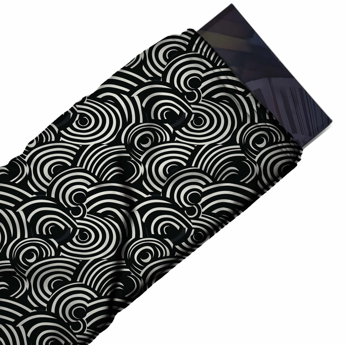 Flat fabric swatch: all-over layout of white concentric arc bands on black forming, design Design No_4124, Clothwala