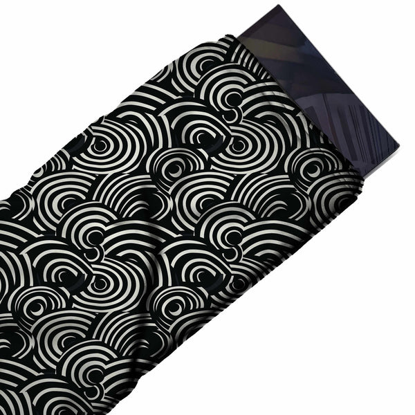 Black & White Curled Wave Scallops Printed French Crepe Fabric