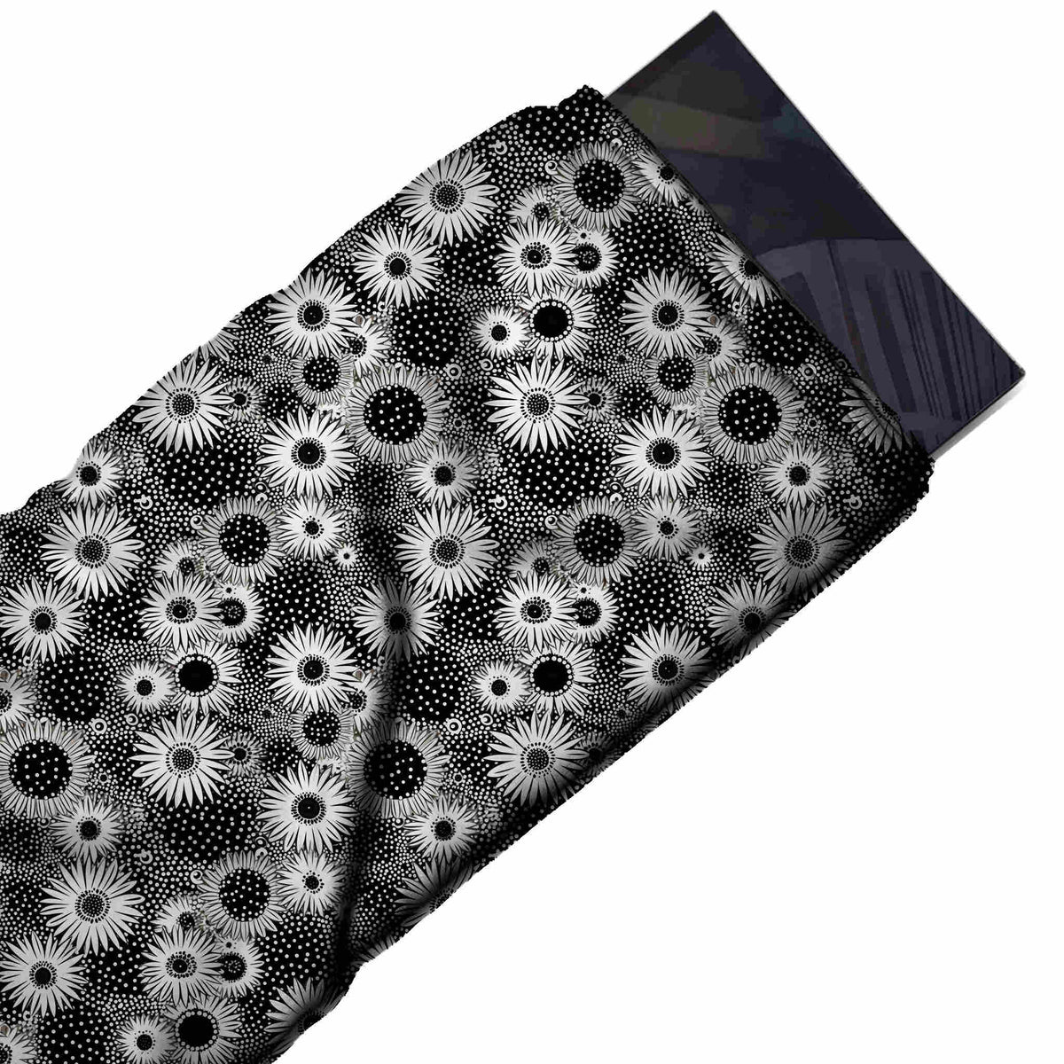 Flat fabric swatch: dense all-over floral of small white daisies with ringed centres, design Design No_4376, Clothwala