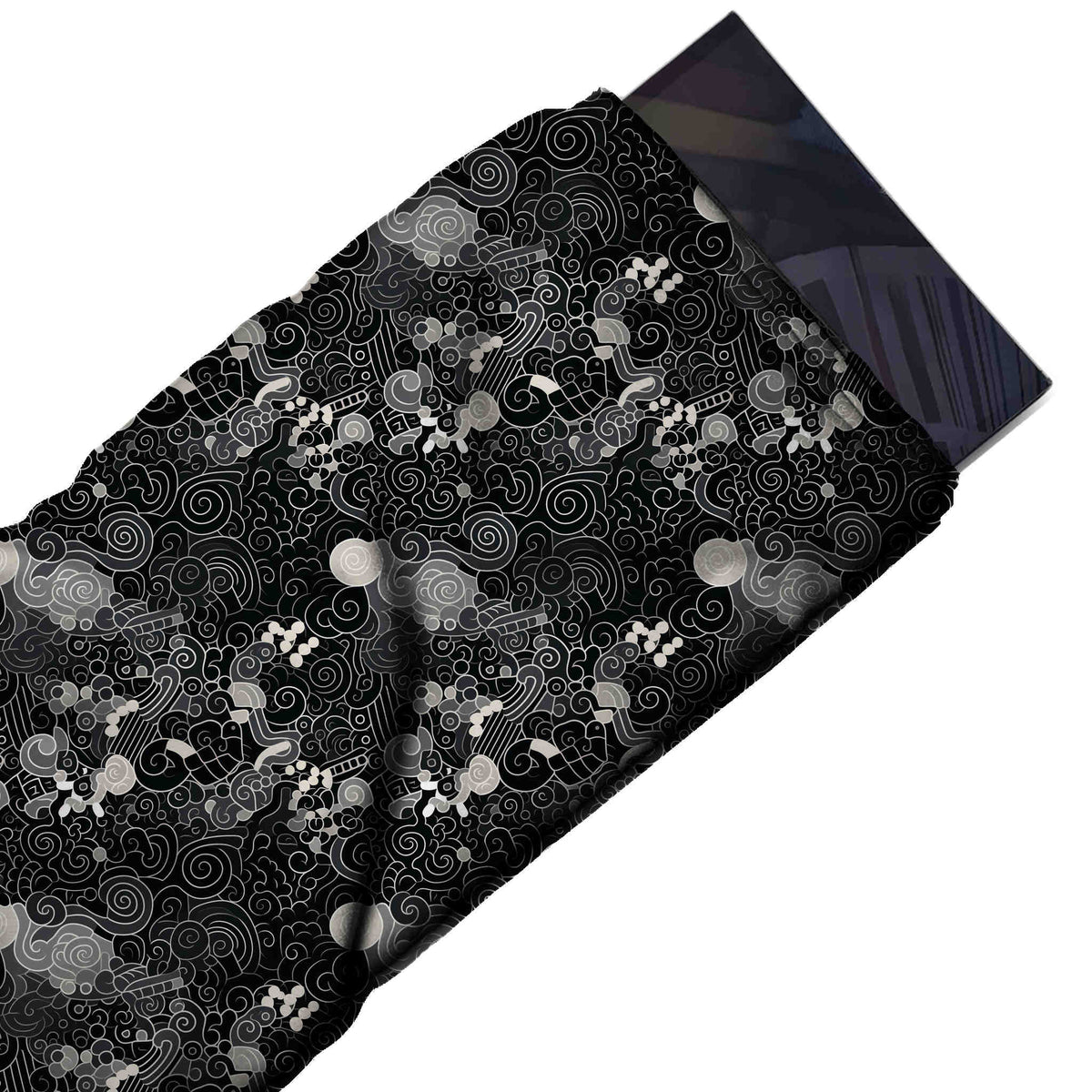 Flat fabric swatch: all-over monochrome doodle of fine white outlined swirls and cloud curls, design 3712, Clothwala