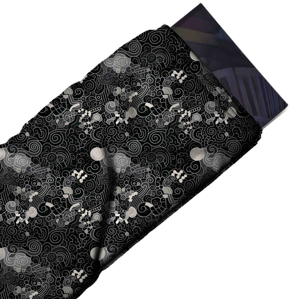 Black & White Doodle Swirl Clouds Printed Moss Crepe Fabric