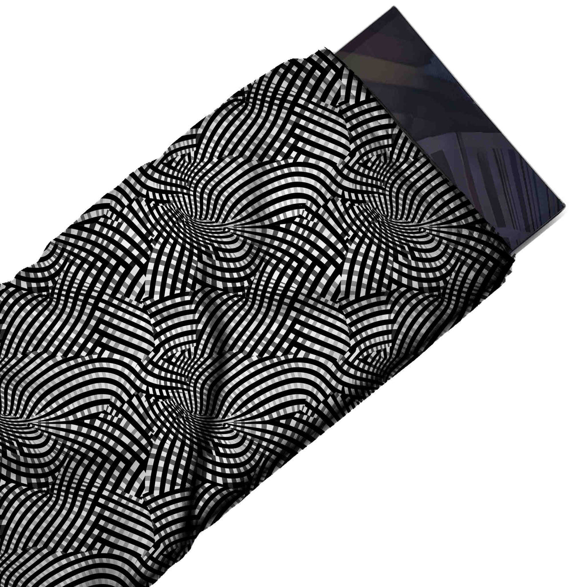 Flat fabric swatch: dense all-over op-art layout of fine white stripes on black, design Design No_4109, Clothwala