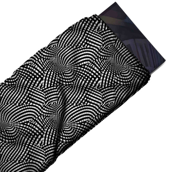Black & White Interlaced Warped Stripes Printed French Crepe Fabric