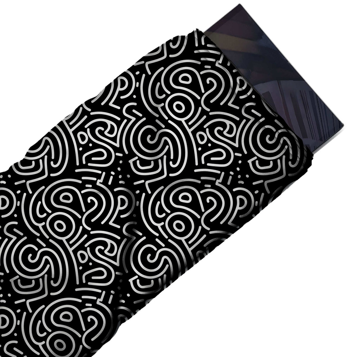 Flat fabric swatch: all-over two-colour pattern of thin white round-ended lines forming nested, design 3724, Clothwala