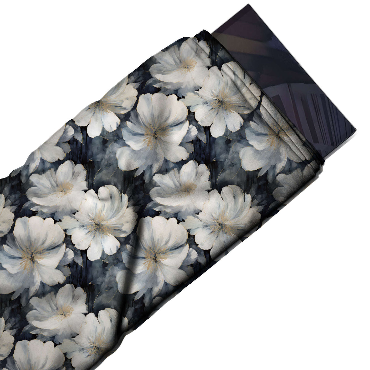 Black & White Open White Blooms Printed Moss Crepe Fabric - flat fabric swatch, design Design No_3848, Clothwala