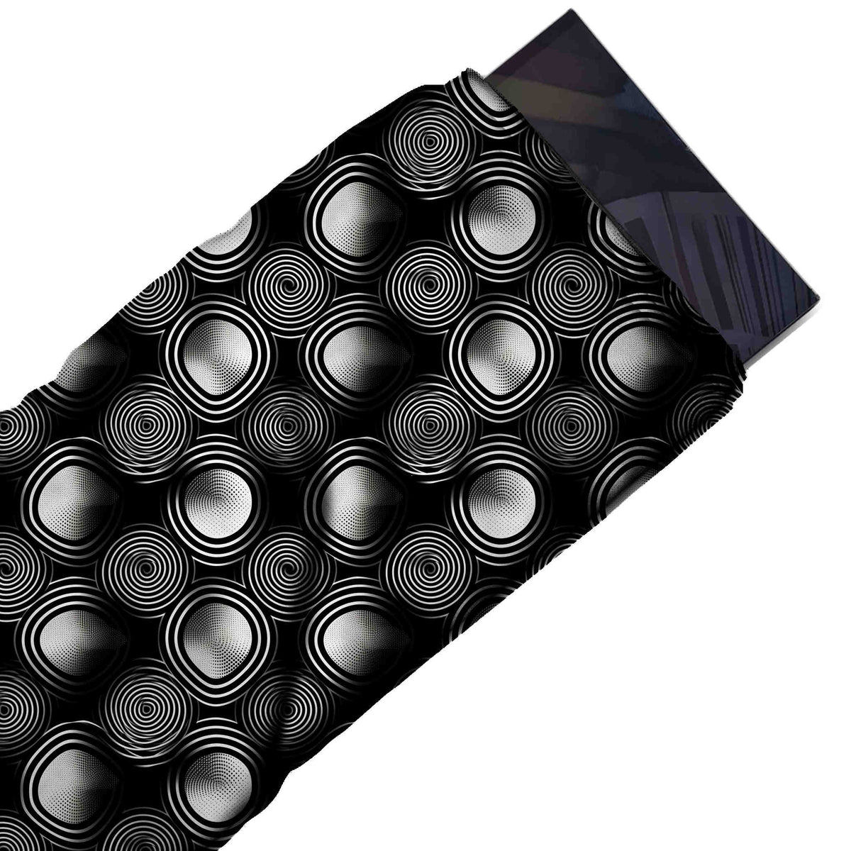 Flat fabric swatch: all-over layout on black of medium rounded orbs with white-to-grey, design Design No_4127, Clothwala